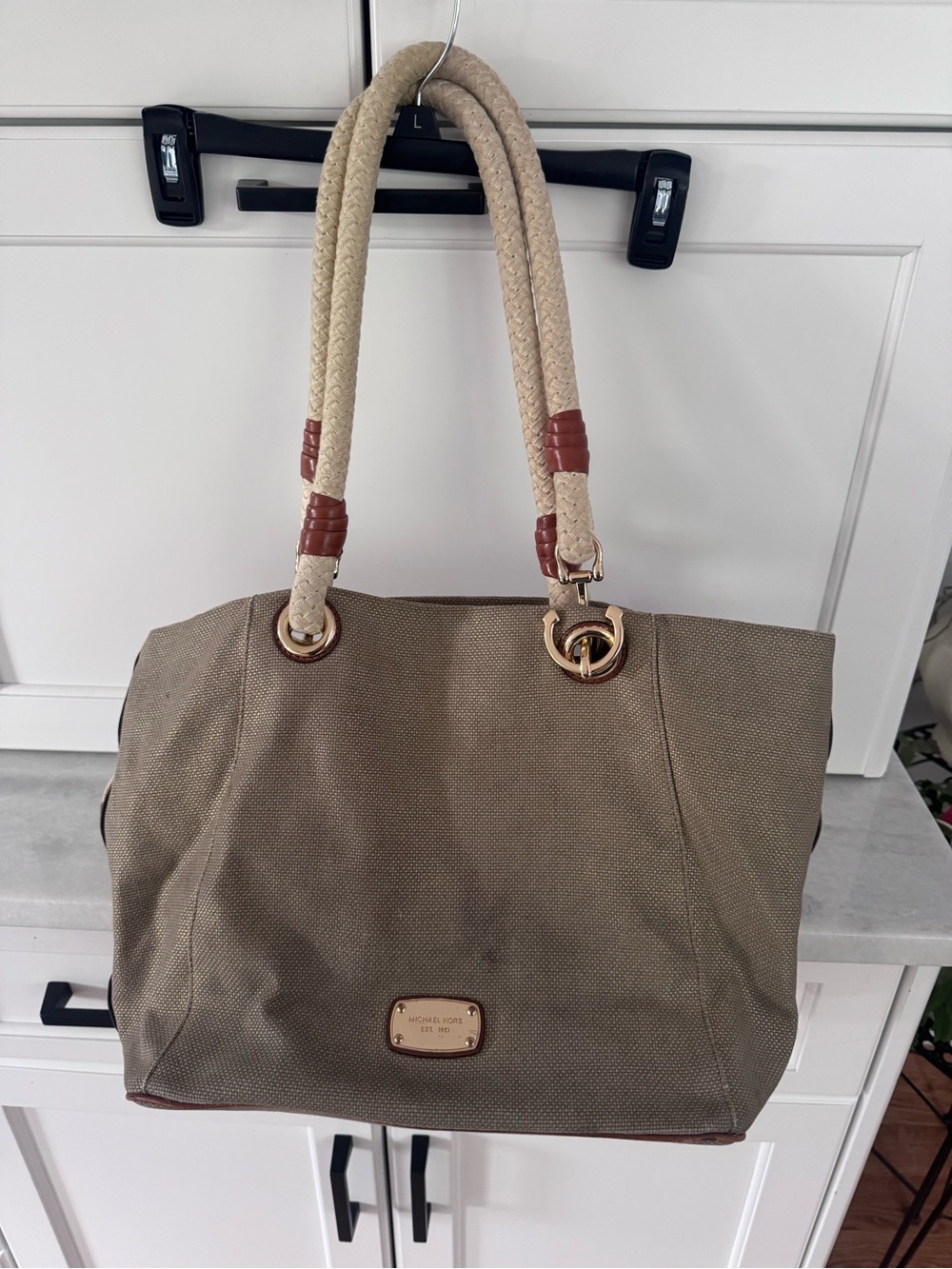 Michael Kors Beige Canvas Tote with Braided Rope Handles